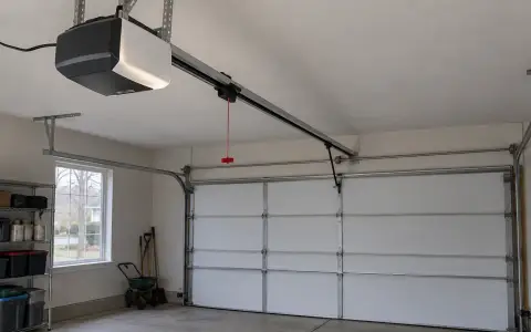 A ceiling-mounted garage door opener and rail with the release cord hanging from the carriage